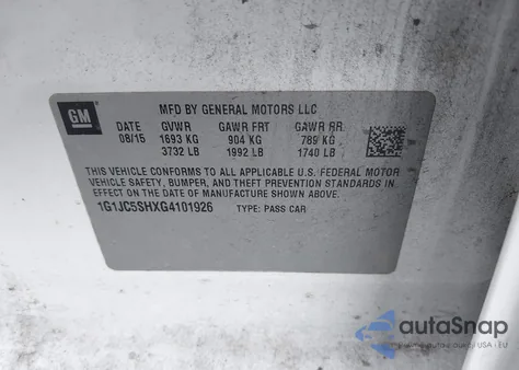 2016 Chevrolet Sonic Lt Auto from USA, damaged, VIN 1G1JC5SHXG4101926